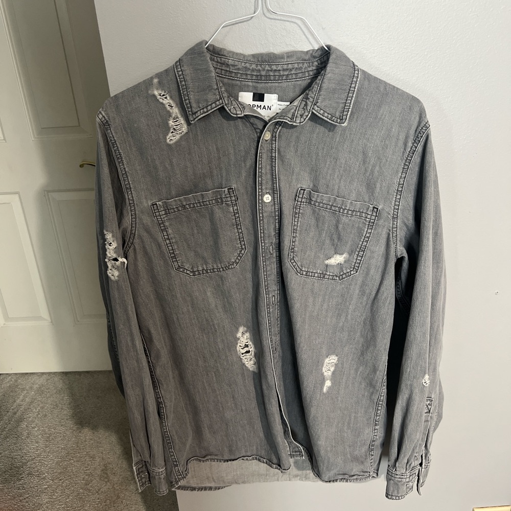 Grey Topman Button Up Distressed Denim Shirt